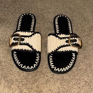 Steve Madden Black and Cream Sandals with Gold Buckle